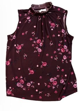Elle Burgundy Floral Sleeveless Mock Neck Top